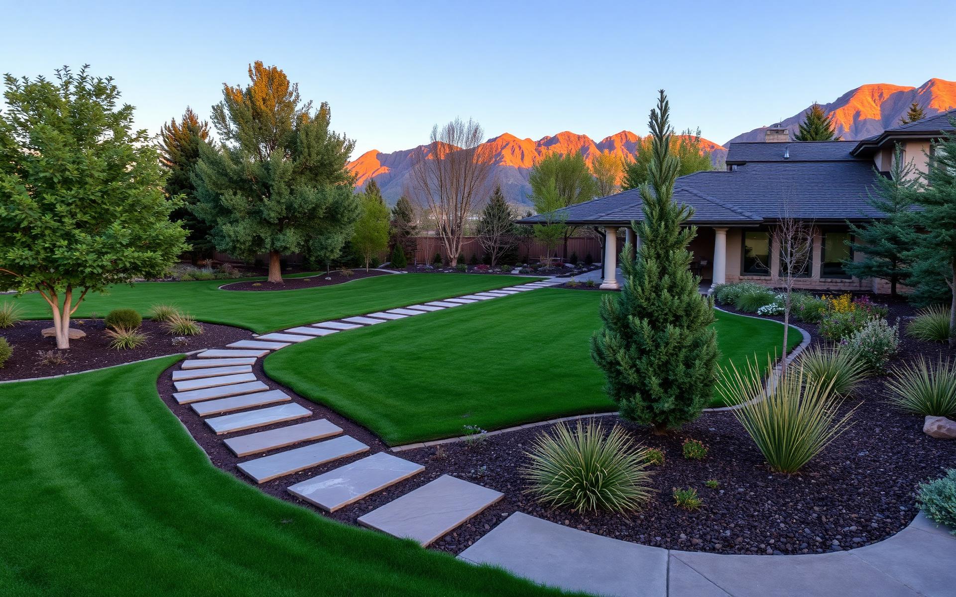 Manicured Wasatch Front landscape at golden hour